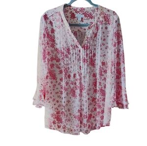 Charter Club Red Lined Floral Blouse With Long Bell Sleeves Sz L